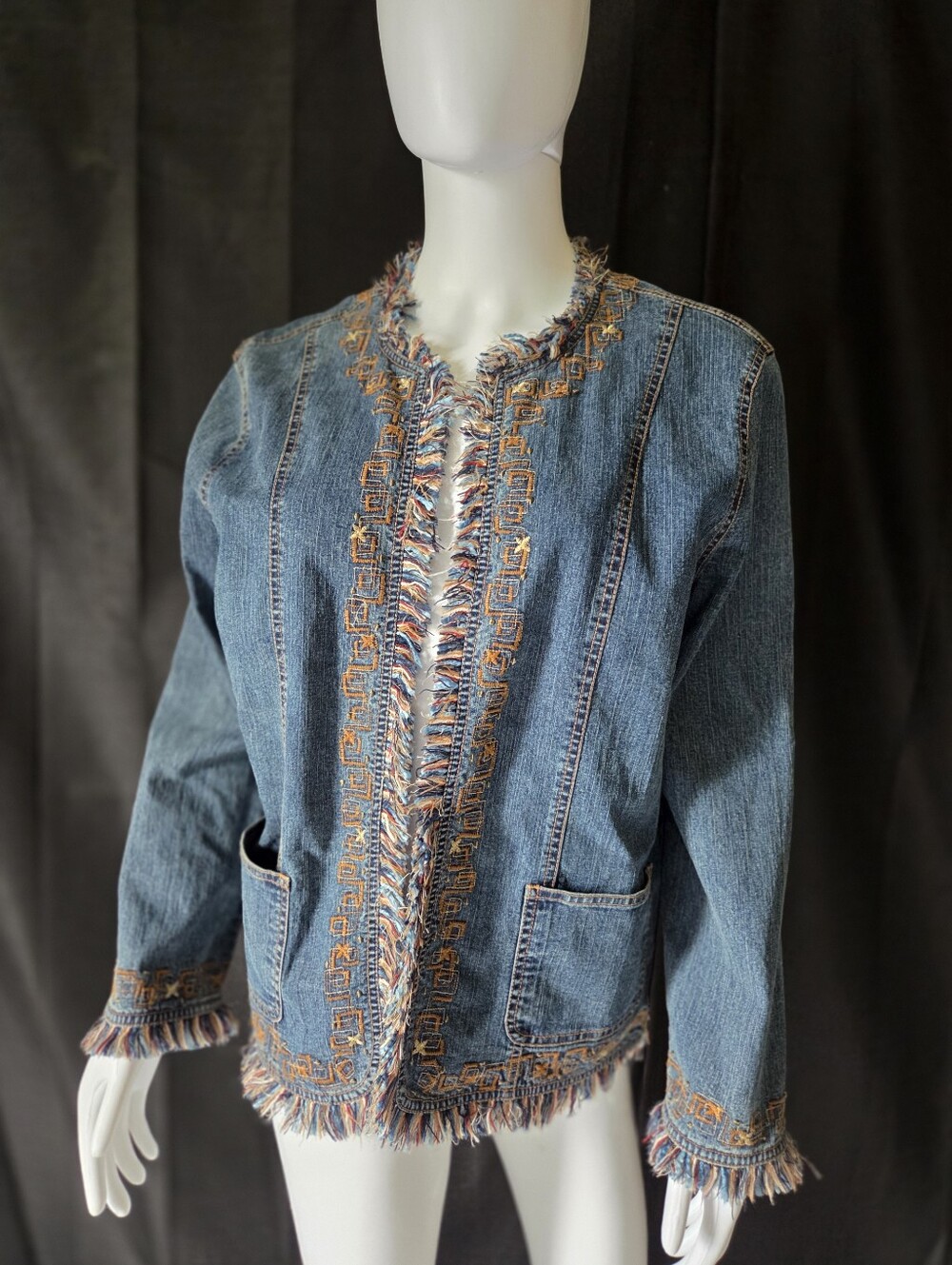 Ruby Rd Vintage Embroidered Denim Jacket Frayed Fringe Boho Open Front M